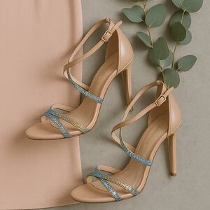 NWOT "Imperfect" BCBGeneration Nude Rhinestone Strappy Stiletto Heels – Size 9